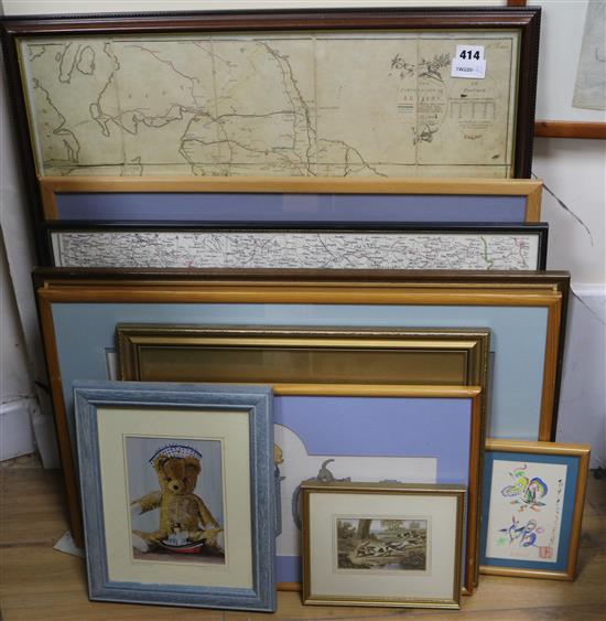 A quantity of mixed prints, maps and watercolours